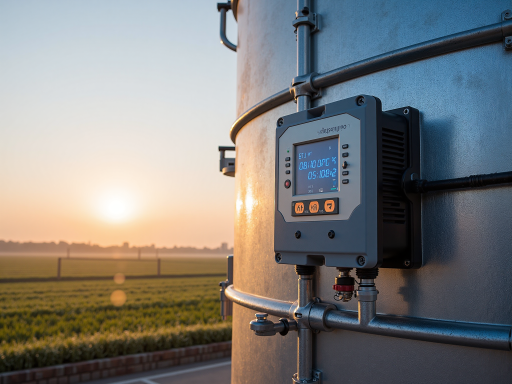 Commercial grade weather station with large solar panel, industrial design, agricultural field background