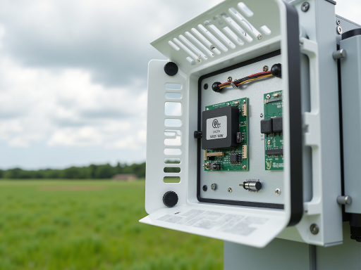 Professional weather station with multiple sensors, mounted on tripod stand, outdoor environment, clear sky background